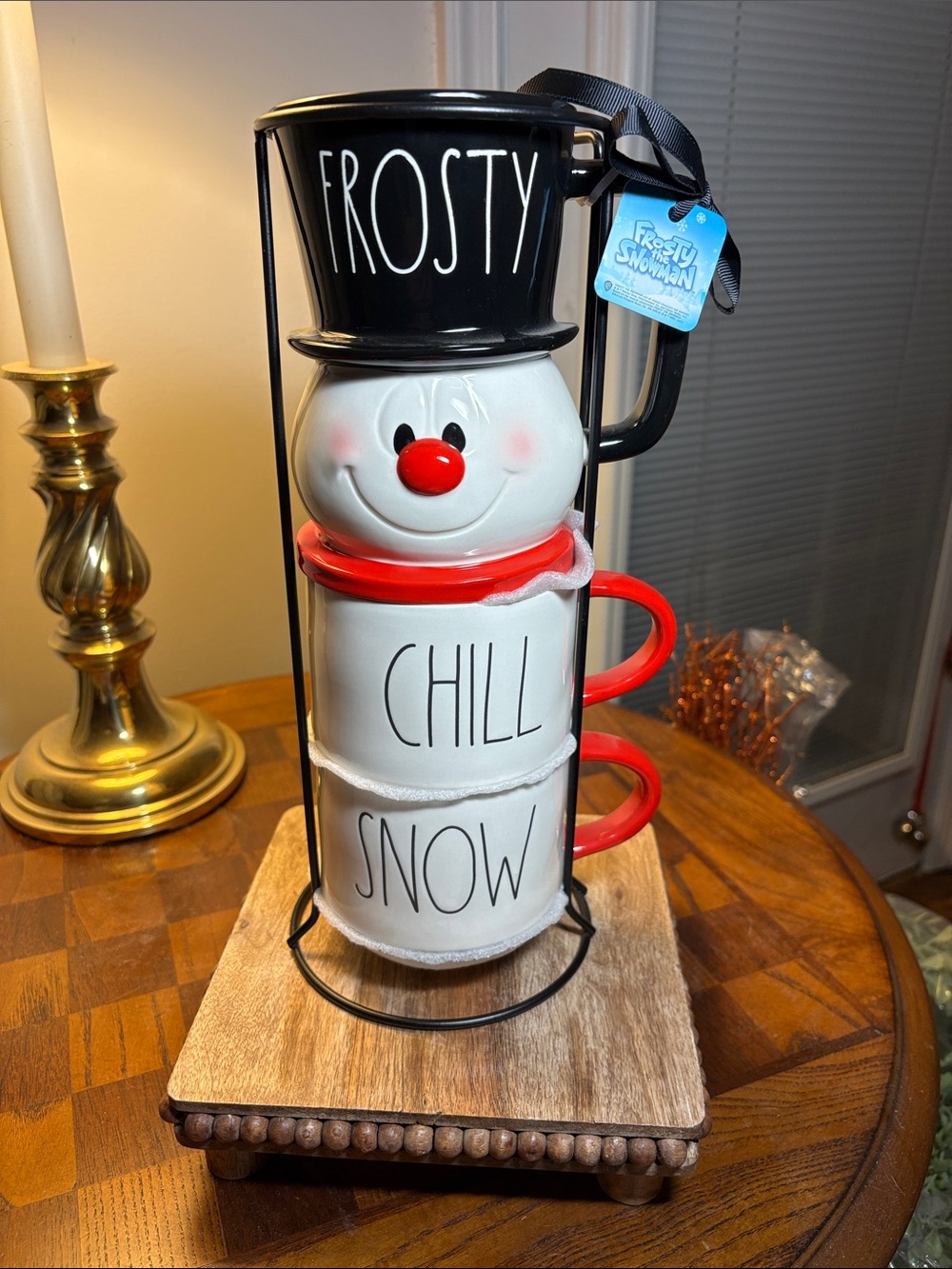 Rae Dunn Snowman Stackable Mugs Set in Black, White & Red